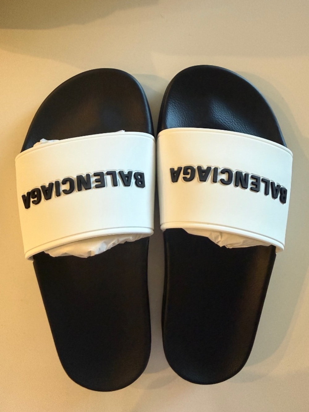 NWT Balenciaga Pool Slide Sandals - Black with White Logo Size 37 EU/7 US Women